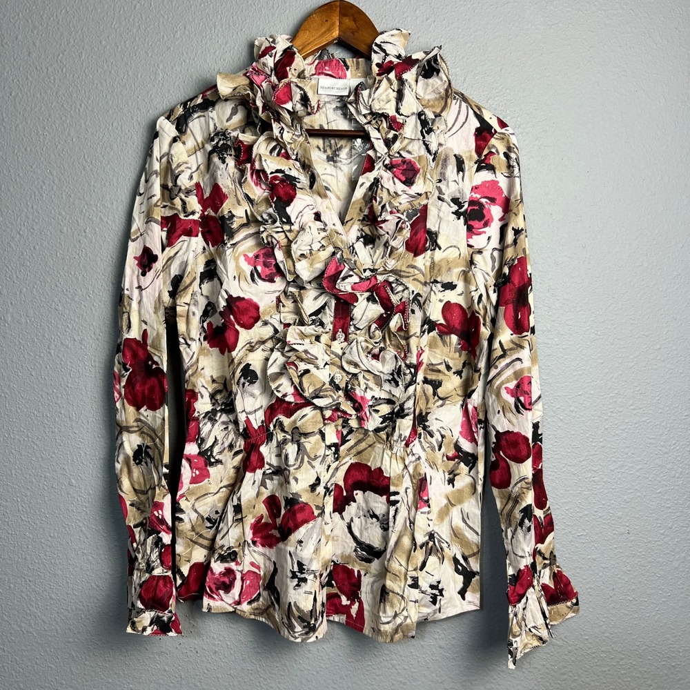 Newport News Blouse 16 Ruffle Front Floral Button Down Cottagecore Romantic Boho
